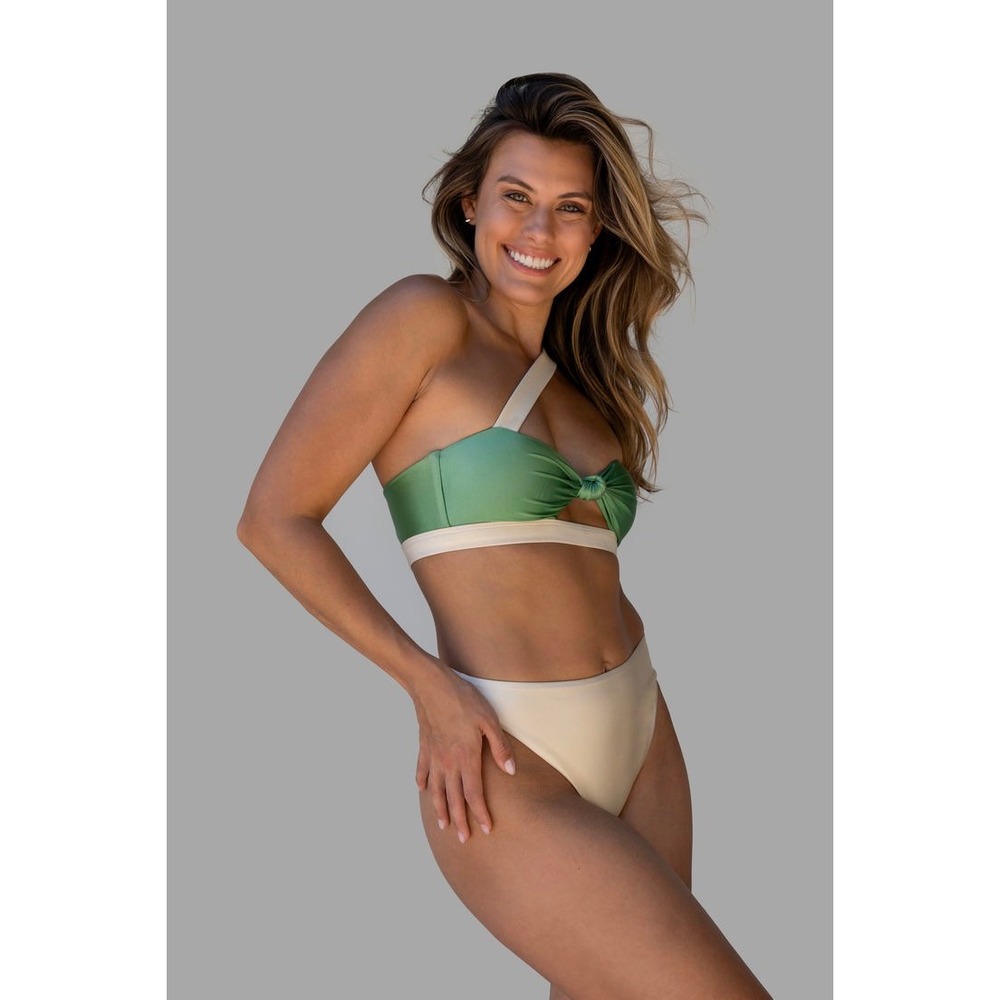 NEW WET Swimwear Jade Bikini Set XS Green Ivory One Shoulder High Waist Swimsuit